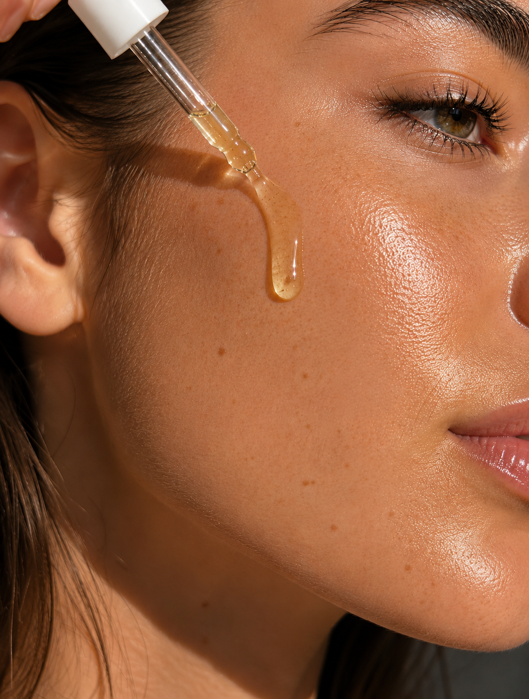 Close-up of a woman's face with a dropper applying face the flow facial oil to her skin.